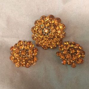 Vintage Orange Stone Brooch & Clip Earrings